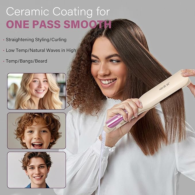 Hair Straightener,1.25” Flat Iron and Curler 2 in 1, Ceramic Coating,Quick Heat Up, 4 Temp. Options, for All Hair Type,Less Frizz, Shinier and Smoother,Dual Voltage for Travel (Cream)