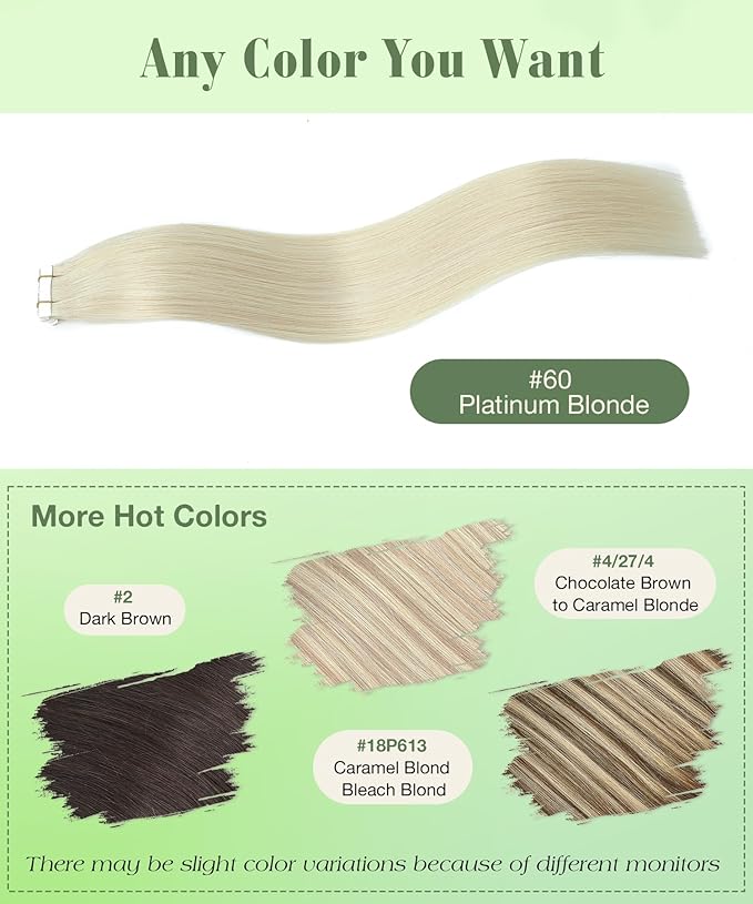 SURNEL Tape in Extensions Real Human Hair Soft #60 Platinum Blonde Tape in Hair Extensions 18 inch 20pcs 50g(#60-18)