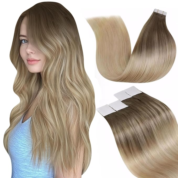 LaaVoo Hair Extensions Tape in Human Hair Balayage Tape in Hair Extensions Real Human Hair Tapes on Extensions Brown to Ash Blonde 16inch 20pcs/50g