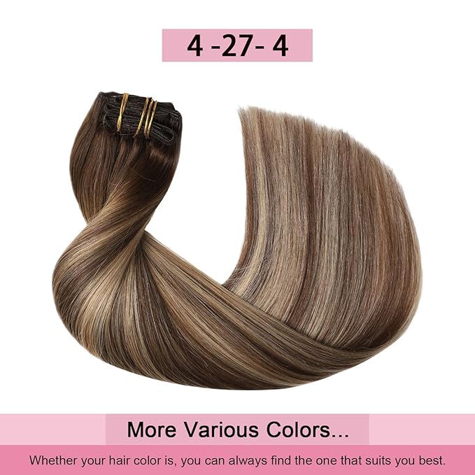 Pro2.0 Remy Real Human Hair Extensions Clip ins 120g Thick 7pcs #4/27/4 Chocolate Brown to Caramel Blonde Remy Clip in Hair Extensions Real Human Hair 16inch Double Weft（#4/27/4-16inch）
