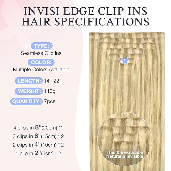 DOORES Clip in Hair Extensions Real Human Hair 18 inch 110g 7pcs Invisible Human Hair Extensions Clip ins, Injected Seamless PU Clipins Invisi Edge, P18D/22F Drity Blonde Highlight Golden Blonde