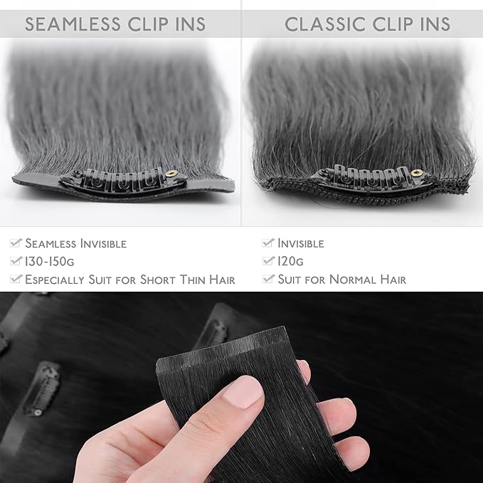 WENNALIFE Seamless Clip In Hair Extensions, 16 Inch 130g 7pcs Jet Black Hair Extensions Clip in Human Hair Invisible PU Skin Weft Natural Remy Human