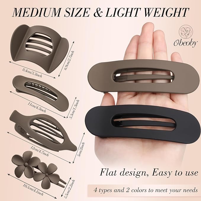 Obeoby 8 Pcs Flat Hair Clips for Women, 4 Types French Flat Claw Clips Hair Accessories Barrettes Flowers Duckbill Large Medium Stocking Stuffers Christmas Gifts (Coffee, Black)