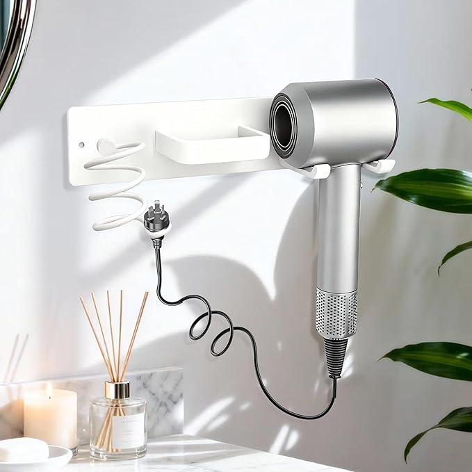 Hair Dryer Holder Blow Dryer Holder for Wall Mount Curling Iron Holder Flat Iron 3 in 1 Bathroom Hair Tool Organizer Rack White