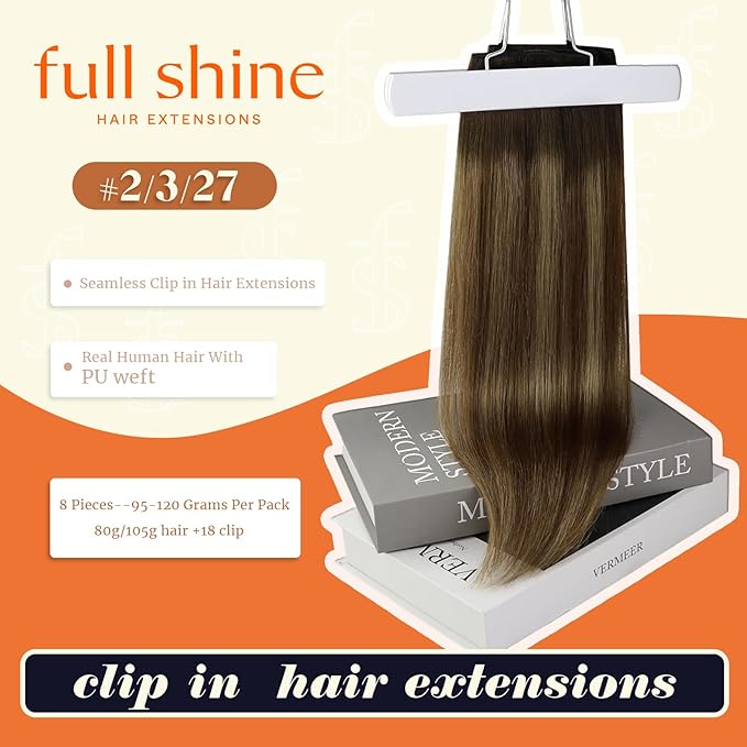Full Shine Balayage Hair Clip in Extensions Short Hair Extensions Clip ins Ombre Dark Brown to Medium Brown Mix Honey Blonde Hair Clip in Extensions 12 Inch 8 PCS 95 G