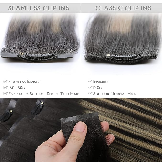 WENNALIFE Seamless Clip In Hair Extensions, 20 Inch 150g 7pcs Natural Black to Light Blonde Hair Extensions Clip in Human Hair Invisible PU Skin Weft Natural Remy Human Hair Extensions
