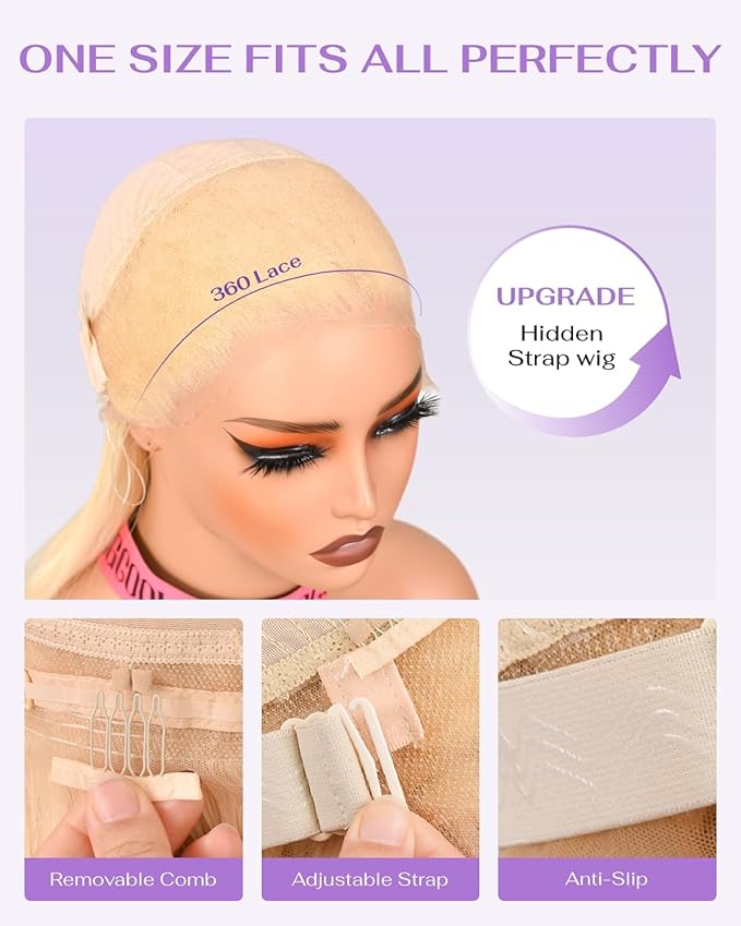 Hidden Strap Straight 360 613 Lace Front Wigs Human Hair Invisible Strap Pre Plucked 180% Density SALON-Quality Blonde Wig with Drawstring Glueless Wigs HD Full Lace Human Hair Wigs 28inch