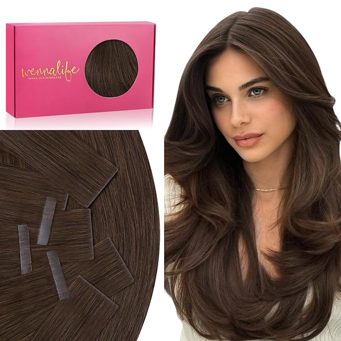WENNALIFE Invisi Edge & Classic Tape in Hair Extensions Human Hair, 22 Inch 50g 20pcs(10pcs Invisi Edge & 10pcs Classic) Chocolate Brown Invisible Luxury Remy Hair Natural Seamless Injected Tape Ins