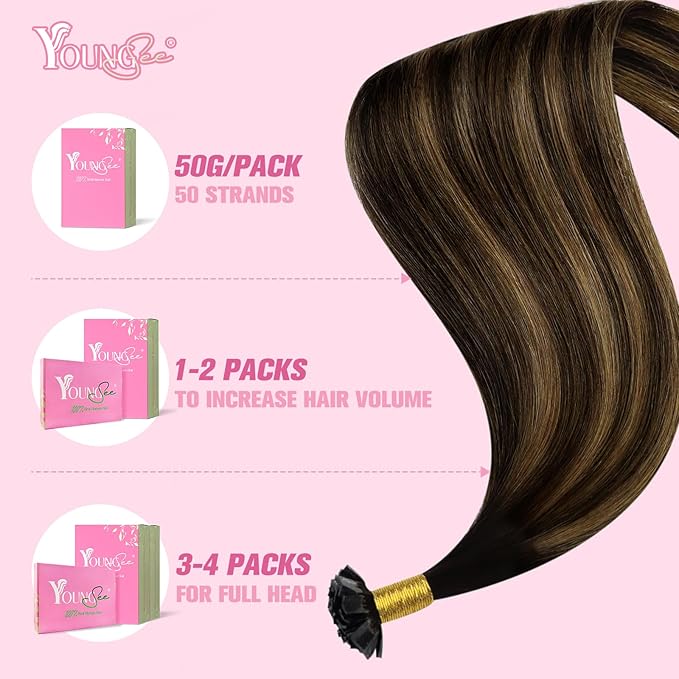 YoungSee Ktip Hair Extensions Balayage K Tip Human Hair Extensions Dark Brown with Medium Brown 14Inch Short 50s/50G