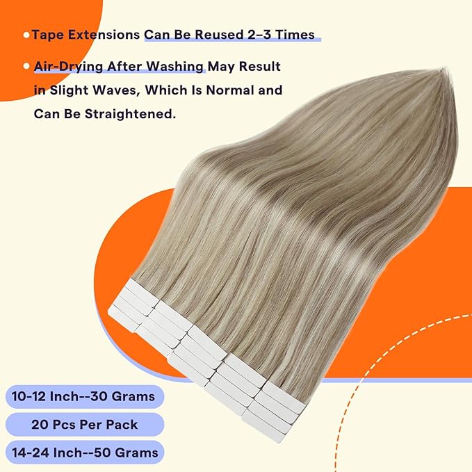 Full Shine Tape in Hair Extensions Human Hair 16 Inch Tape Extensions Real Human Hair Color 18 Ash Blonde and 613 Light Blonde Invisible Tape Ins Human Hair Extensions 50Grams 20Pcs for Party