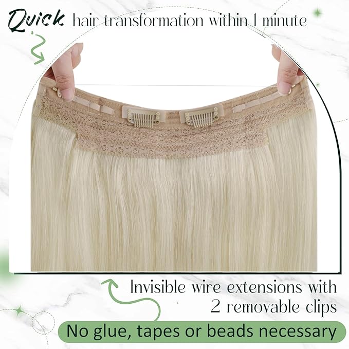 RUNATURE Wire Hair Extensions Real Human Hair, Invisible Fish Line Hair Extensions, Platinum Blonde Natural Hair with Transparent Wire, Easy to Apply 14 Inch 70g #60
