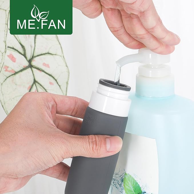 ME.FAN Travel Bottles for Toiletries, TSA Approved 3oz Travel Size Containers, Silicone Squeezable Portable Split Bottle, Travel Accessories for Conditioner, Shampoo, Lotion- 4 Pack Purple