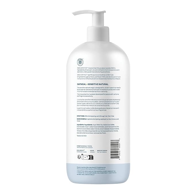 ATTITUDE Hair Shampoo for Sensitive Dry Scalp, EWG Verified, Soothing Oat, For Thin Hair, Naturally Derived Ingredients, Vegan and Plant-Based, Volume and Shine, Unscented, 32 Fl Oz