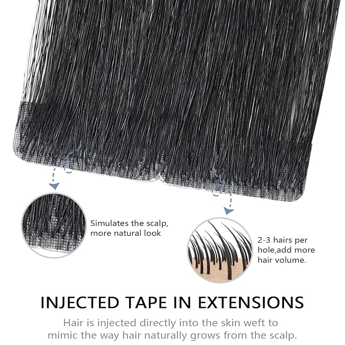 COOKAYU Invisible Tape in Human Hair Extensions, Tape in Extensions Jet Black 22Inch 50g 20pcs Injected Tape Human Hair Seamless Invisi Edge