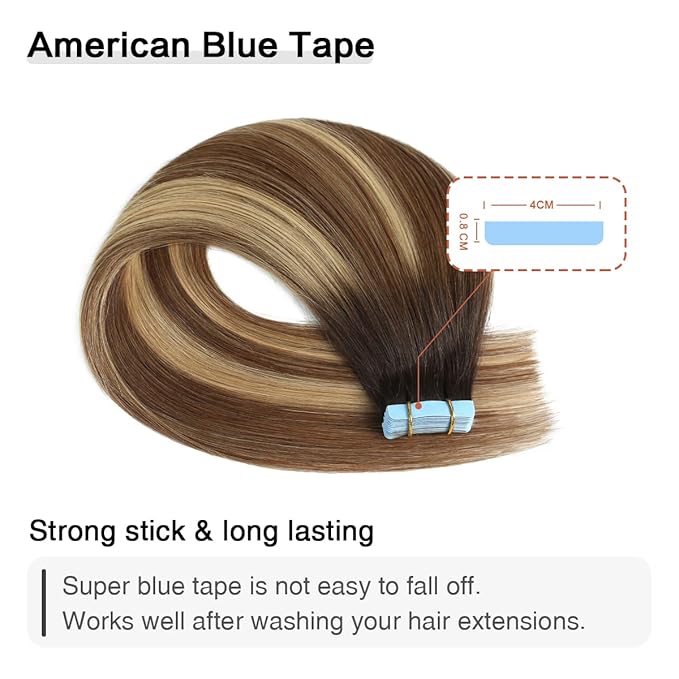SUYYA Tape in Hair Extensions Human Hair Balayage Darkest Brown to Chestnut Brown and Light Blonde 40g/pack 20pcs Straight Seamless Skin Weft Tape in Real Human Hair Extensions(16inch #P6/16/T2)