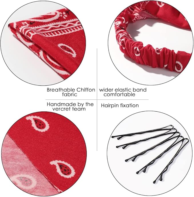 6 Pack Hair Scarf Headband for Women Elastic Bandana Head Scarf Large Boho Triangle Kerchief with Clips Non Slip Scarves