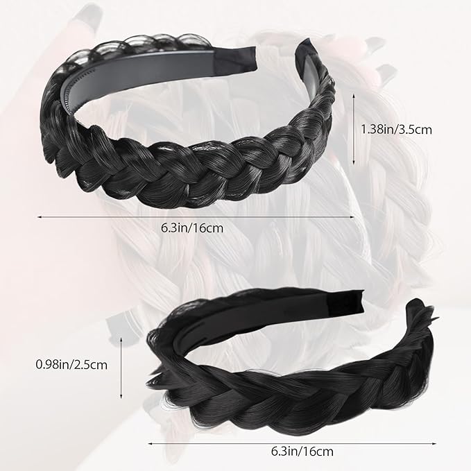 2PC Braided Headband with Tooth – Wide Faux Hair Braid Wig Hairband, Messy Fishbone & Geflochten Haarband Shape – for Women Fashion Accessories for Oktoberfest, Wedding, Parties, Comb Fit(Black)