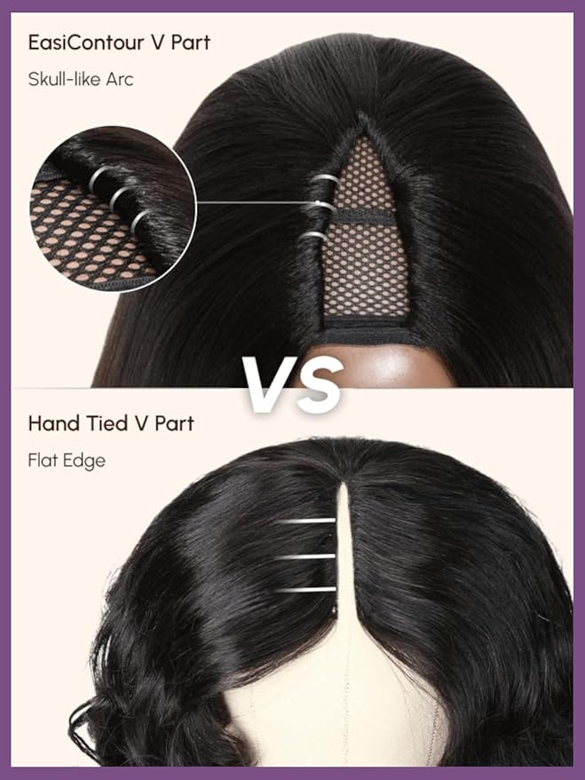 YIROO EasiContour V Part Wigs Ombre Brown Glueless Human Hair Upgrade U Part Wig with Dark Roots Highlight V Shape Clip Wigs Beginner Friendly with Drawstring Ready to Wear Chestnut Brown Color 16Inch