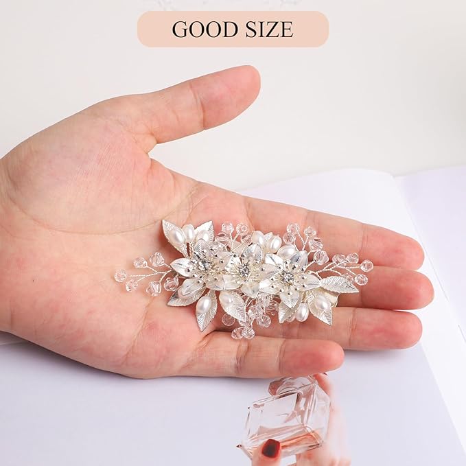 Floral Crystal Pearl Alligator Hair Clip and Rhinestone Bobby Pins, Elegant Hair Accessories for Bridal Women in Wedding or Prom, Set of 3 (Silver)