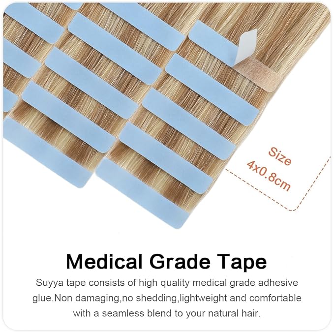 SUYYA Invisible Tape in Hair Extensions Human Hair Seamless Injected Hand-Tied Pro Quality Virgin Human Hair Tape Ins Ash Blonde Highlighted Bleach Blonde 20PCS 50G/Pack Straight(22 inch #P18/613)