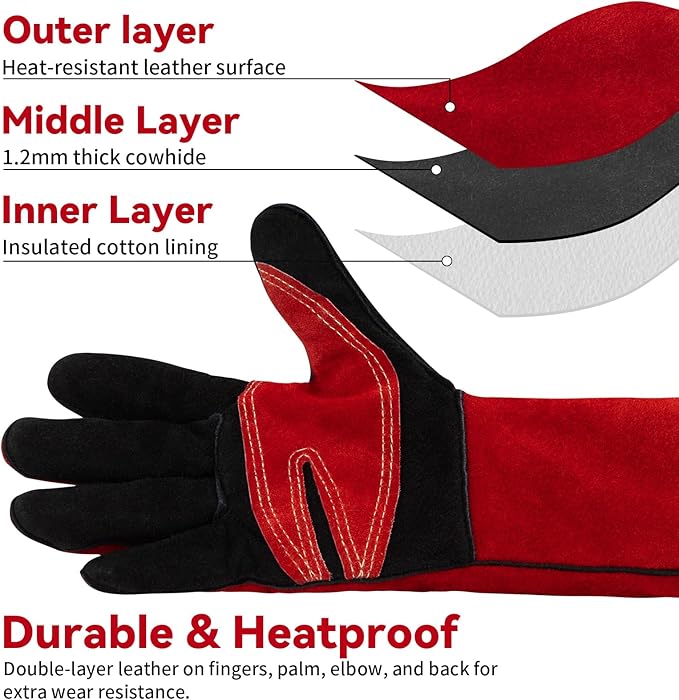 Fireplace Welding Gloves Fire Heat Resistant: 16IN 932°F Fireproof Leather for Fire Pit Wood Stove Campfire Furnace BBQ Baking,Grill Oven Stick Mig Tig Gear Gift for Man M