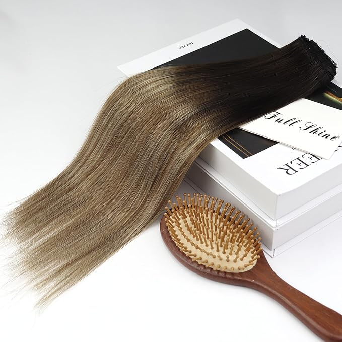Full Shine Invisible Clip in Hair Extensions Human Hair 18 Inch Natural Black Ombre to Brown with Caramel Blonde Lace Weft Human Clip in Hair Extensions 3 PCS 60 G