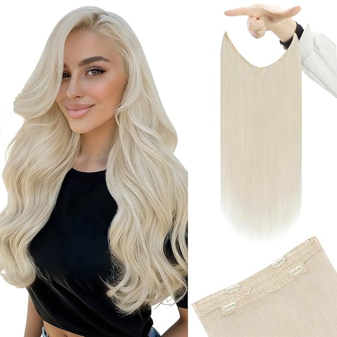 YoungSee Blonde Wire Hair Extensions Platinum Blonde Invisible Wire Human Hair Extensions White Blond Headband Hair Extension for Women 18In 80G