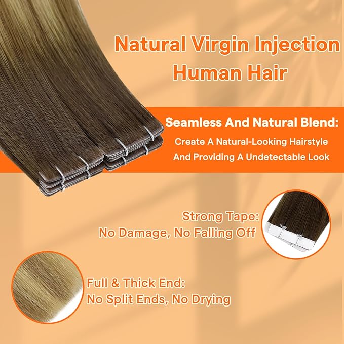 Full Shine Machine Remy Virgin Extensions 22 Inch Intact Tape in Hair Extensions Human Hair Color 3 Brown Fading to 8 And 22 Blonde Soft Real Hair Extensions Tape in 25G 10Pcs for Women