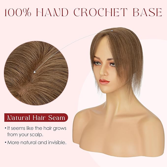Human Hair Topper with Bangs for Women, 360° Cover Clip in Curtain Bangs Hair Toppers Hair Piece Medium Brown-3.15x4.33 Hand-tied Base (Medium Brown)