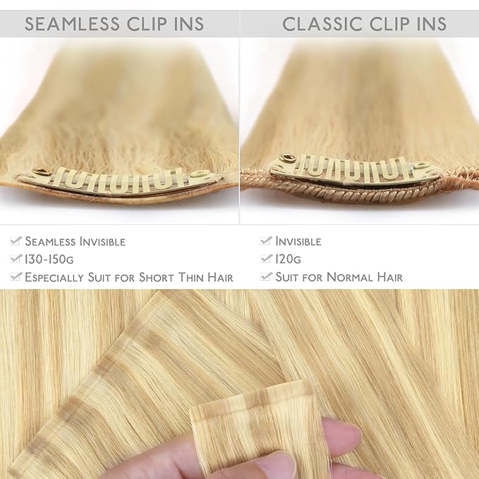 WENNALIFE Seamless Clip In Hair Extensions, 16 Inch 7pcs 130g Light Blonde Highlighted Golden Blonde Hair Extensions Clip In Real Human Hair Extensions Invisible PU Weft Human