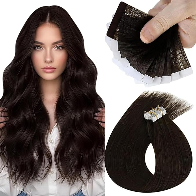 Sunny Hair Tape in Hair Extensions Real Human Hair Invisible Remy Hair Extensions Tape ins for Women Dark Brown 16 inch 25G