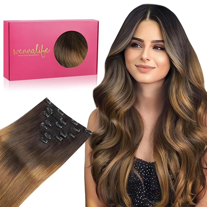 WENNALIFE Clip in Hair Extensions Real Human Hair, 24 Inch 140g 7pcs Remy Hair, Ombre Dark Brown to Light Chestnut Brown Straight Natural Extensiones De Cabello Humano Con Clip Ins