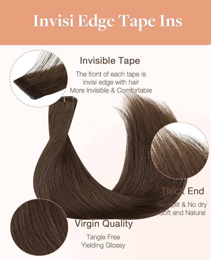 GOO GOO Invisi edge Tape in Hair Extensions Human Hair, 4A Chocolate Brown 20pcs 18inch 50g, Virgin Human Hair Tape ins, Seamless Injected Tape in Hair Extensions
