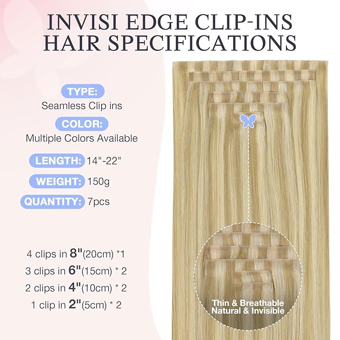 DOORES Invisible Clip in Hair Extensions 22 inch 150g 7pcs, Real Human Hair Invisi Edge Clip in Extensions, Virgin PU Clipins Straight Thickening, 16/22 Light Blonde Highlighted Golden Blonde