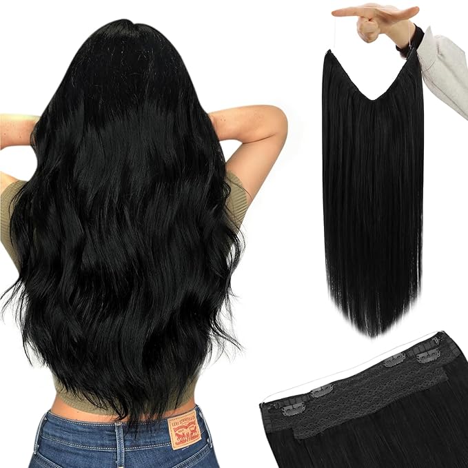 YoungSee 120G Invisible Wire Hair Extensions Jet Black Wire Human Hair Extensions Black Headband Hair Extension Easy to Wear 18Inch