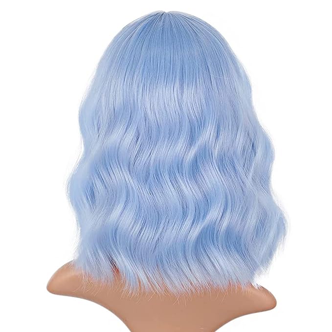 LANICE Light blue Short Bob Wigs with Bangs for Women Loose Wavy Hair Shoulder Length Wigs Synthetic Colorful Wigs for Cosplay Daily PartyUse(Light blue，12inch)