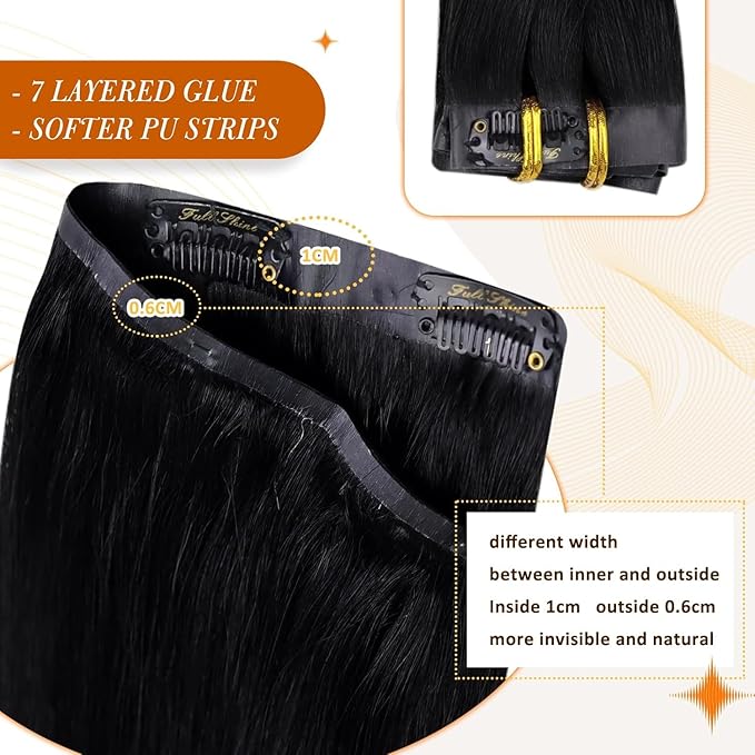 Full Shine Seamless Clip in Hair Extensions Human Hair Black Invisible Clip ins Extension 16 Inch with PU Weft Straight Hair Add Volume 8 PCS 120 G