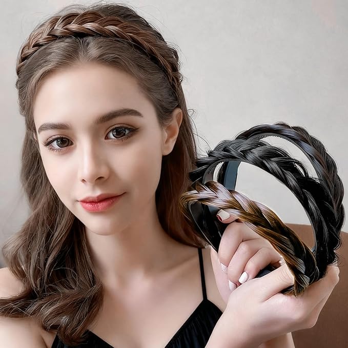 2PC Braided Headband with Tooth – Wide Faux Hair Braid Wig Hairband, Messy Fishbone & Geflochten Haarband Shape – for Women Fashion Accessories for Oktoberfest, Wedding, Parties, Comb Fit(Dark Brown)