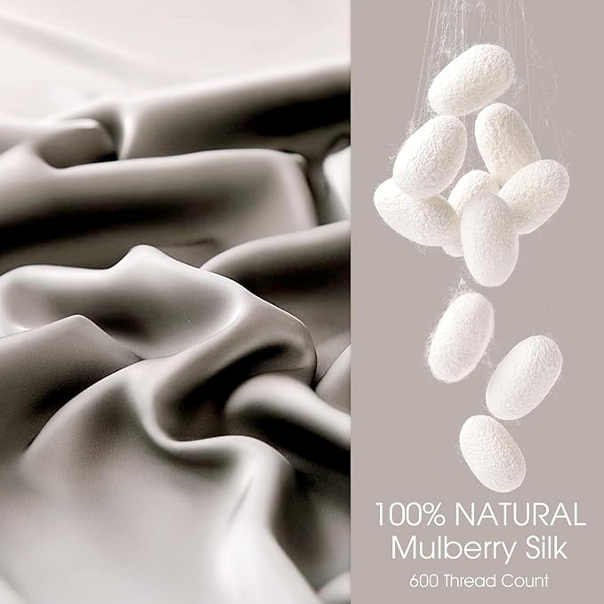100% Silk Pillow Cases 2 Pack King Size Mulberry Silk Pillowcase for Hair and Skin Set of 2 Highest Grade 6A Silk Soft Breathable Cooling with Hidden Zipper, Grey