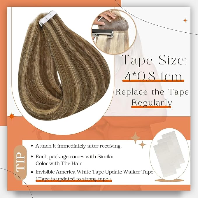 Full Shine Tape in Extensions Human Hair Medium Brown Highlighted Honey Blonde Tape ins Human Hair 14 Inch Real Human Hair Extensions Tape ins 50 Gram 20 Pcs Seamless Skin Weft Hair Extensions 4P27