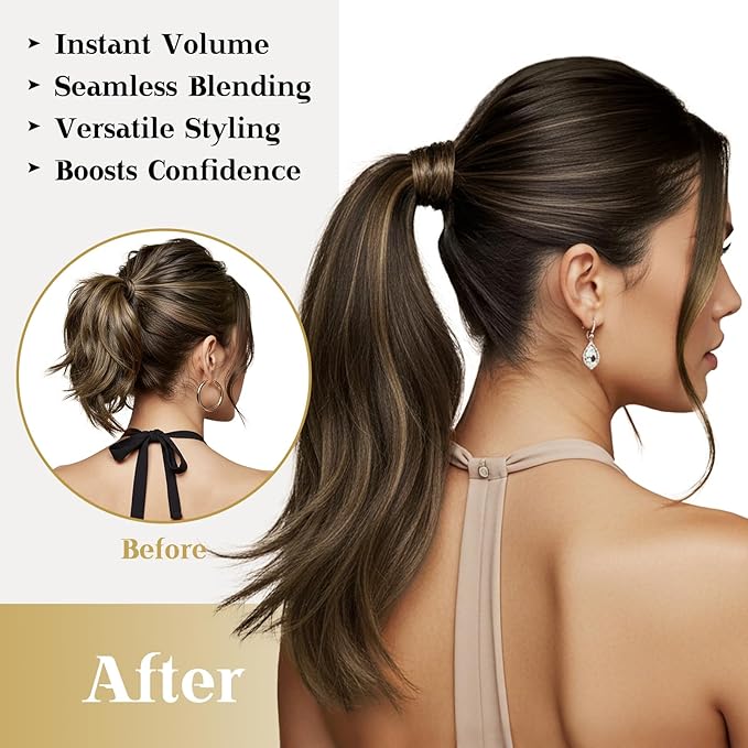 Ve Sunny Hair Extensions Ponytail Real Human Hair Wrap Around Clip in Ponytail Hair Extensions Straight Extensions Human Hair for Women Dark Brown Balayage Chestnut Brown 16inch 80G