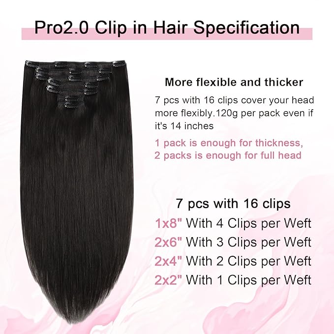 Pro2.0 Clip in Hair Extensions Real Human Hair 20inch 7pcs Color #1B Natural Black Remy Real Human Hair Extensions Clip ins 120g Thick Seamless Double Weft for Women（#1B-20inch）