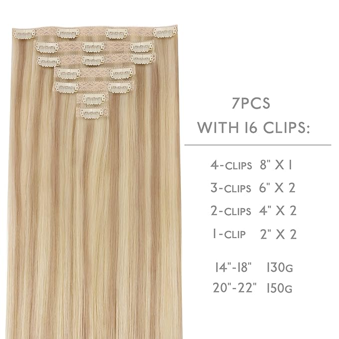 WENNALIFE Lace Seamless Clip in Hair Extensions Human Hair 7pcs Ultra Invisible 50% Thinner Seamless Clip Ins Light Blonde Highlighted Golden Blonde Natural Remy Hair 22 inch