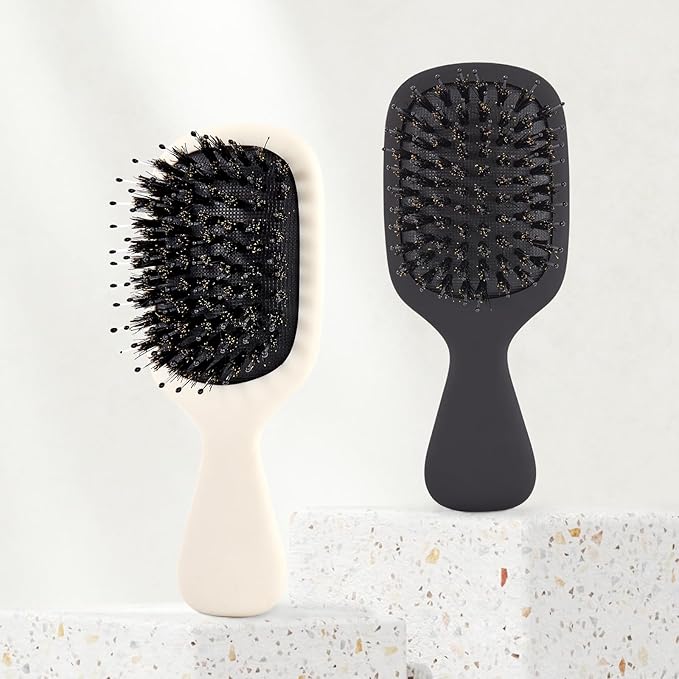Mini Boar Bristles Hair Bursh, Travel Size Hair Brush for Women Men Kids, Protable Small Hair Brush for Pockets Purses, Mini Detangler Brush for Smooth Add Shine(White)
