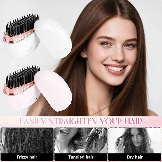 Mini Straightener, Rechargeable Portable Hair Straightener Comb, Fast Heating Hot Comb with Mirror, Wireless 2-in-1 Hairs Dressing Combs with 2 Adjustable Temperatures (White)
