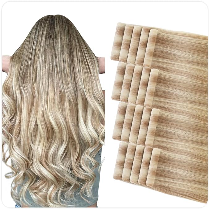 SUYYA Invisible Tape in Hair Extensions Human Hair Seamless Injected Hand-Tied Pro Quality Virgin Human Hair Tape Ins Ash Blonde Highlighted Bleach Blonde 20PCS 50G/Pack Straight(20 inch #P18/613)