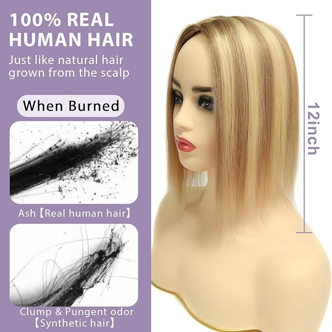 Real Human Hair Toppers for Women #TLQ, 3x5 Inch Injected Silk Base 130% Density 12 Inch Length Hair Toppers