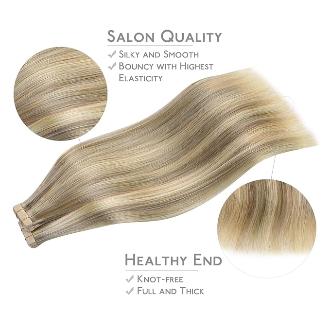 WENNALIFE Tape in Hair Extensions Human Hair, 40pcs 100g 20 inch Ash Brown with Platinum Blonde Highlights Hair Extensions Real Human Hair Straight Tape in Extensions Invisible Human Hair Extensions