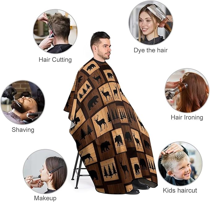 Salon Gown Cape Rustic Wood Bear Moose Pattern Haircut Gown, Full Coverage Haircut Hairdressing Cloth Apron for Hairstylists, Easy Clean