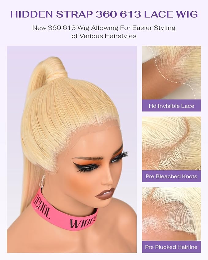 Hidden Strap Straight 360 613 Lace Front Wigs Human Hair Invisible Strap Pre Plucked 180% Density SALON-Quality Blonde Wig with Drawstring Glueless Wigs HD Full Lace Human Hair Wigs 30inch